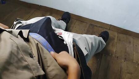 Horny officer in underwear masturbates