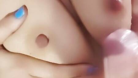 Masturbation, caressing nipples and cumshots on my breasts