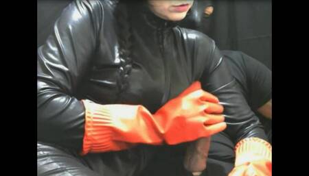 Smoking Wife in Red Rubber Gloves Jerking Cumshot