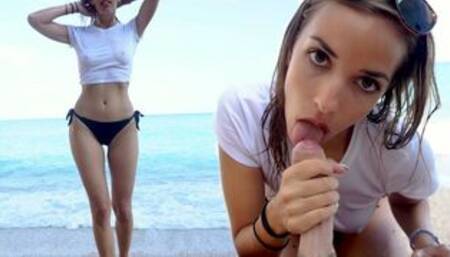 Cute Girl Swallows Cum - Sloppy Blowjob On Public Beach