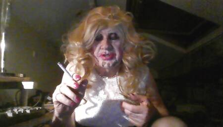 MILF pig, trashy Tgirl slut, Sarah, smokes, masturbates, smashes cream pie into her face