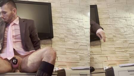 Businessman in sheer socks stretching his ass during home office till orgasm