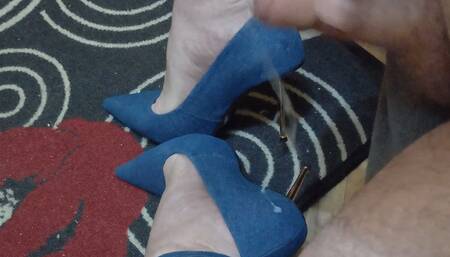 Man in Blue Jeans Pointed Toe Metal Heels Masturbate and Cum on Shoes
