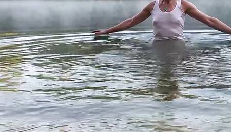 Swimming in the lake on morning in clothes...and nude... wet & happy! wetlook transgirl.