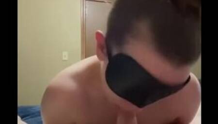 Blindfolded teen gives sloppy blowjob with unexpected cum in mouth (swallowed cum)