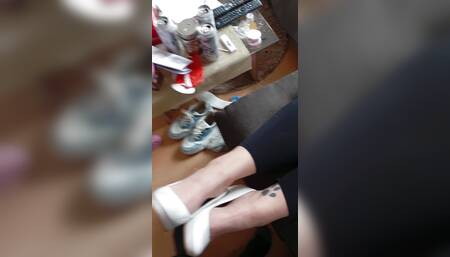 Cum on white heels