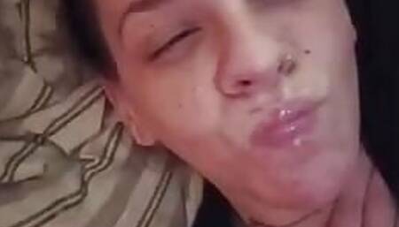 Shooting  my cum on my wife's face making her look sexy