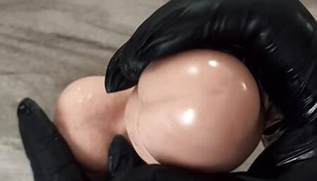 dildo handjob with latex gloves and oil