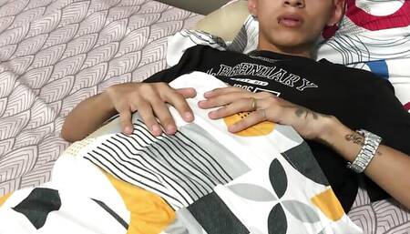 I'm alone at home with my stepbrother and he masturbates in his room and I come in so he can fuck me