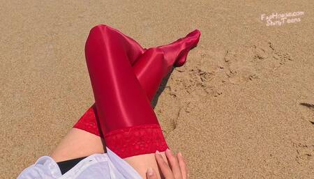 858 Shiny Red Spandex Stockings on the Beach