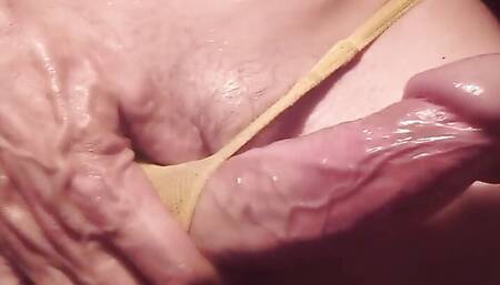 Xxx cumshot xxxprecumdrip yellow thong g-string 8 inch uncut cock precum dripping Solo male masterbation coconut oil
