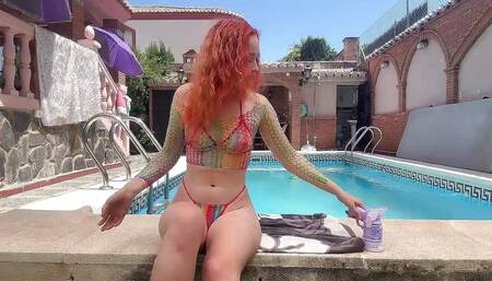 Having Fun with Bubble Maker Nearby Pool