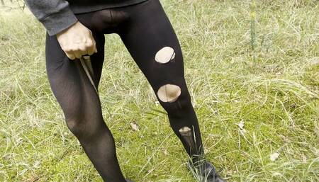 Teen boy walks in nature naked for gay daddy big dick pantyhose, flash Cut pants