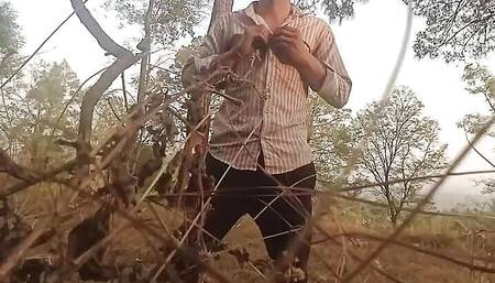 Black belt man kung-fu in jungle with his cute little tits