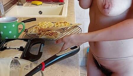 Hot amateur couple in the kitchen. Sexy wife big ass, hairy pussy, hairy ass, big nipples, big tits.