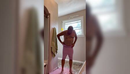 Sissy steps out of the shower and puts on sissy outfit