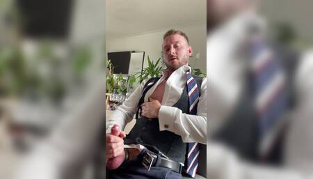 Office suited wank with nipple play