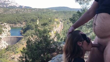 Hot babe gets deepthroated with no hands and swallows cum in public