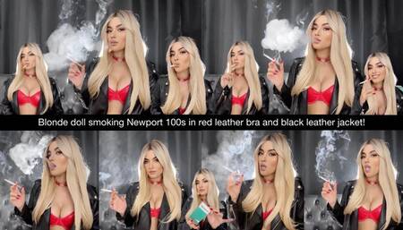 Blonde doll smoking Newport 100s in leather red bra and black leather jacket close up!