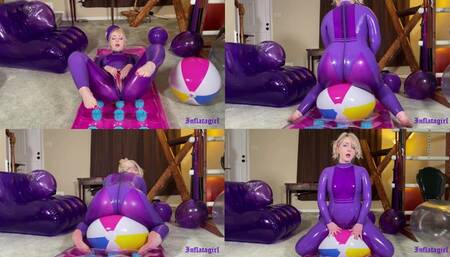 Purple Latex Goddess Cums On Beach Ball