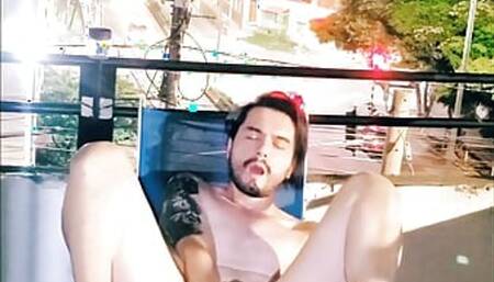 Exhib Dildo Fuck on the Balcony