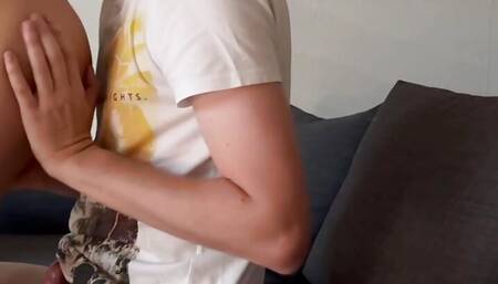 Hetero Gets his first Trans blowjob and she keeps playing with his cock after cumming