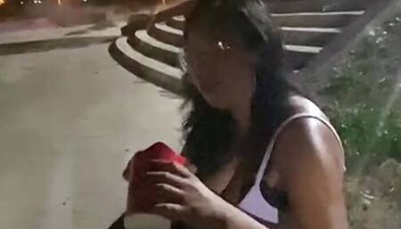 In the park eating a happy meal and a happy cock with cream