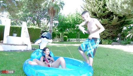 The young Spanish Carmina Ordena plays in her pool and gets ass fucked by Kevin