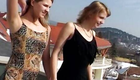 Superb French babes sharing big dildo