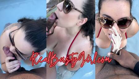 Face fucked and facialized by a fan in a pool ????