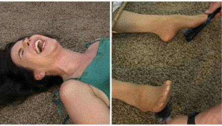 Mystery Tickle - Kobe Lee Pantyhose Foot Tickling With Feather Tickling, Brush Tickling, Oiled Feet Tickling Of Stuck Damsel in Satin Dress MP4