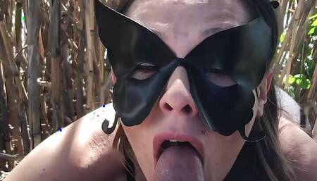 Hot babe public deepthroats dick and swallows cum by the lake