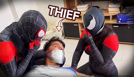 Thief Mummified By Tape Gag Loving Spider-Girls! (wmv)