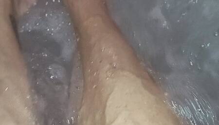 Tempest enjoying hot tub