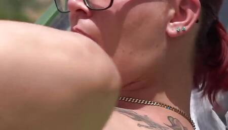 Tattooed redhead fucking on the hood of a car