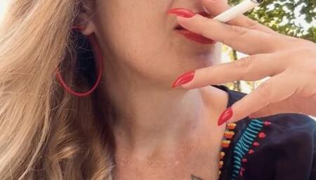 Marlboro Red - Smoking in the pool area - Puffs in your face, Smoker's cough, Multiple pumps, Nose exhales, Deep Inhales, Swimsuit, Long hair, Red lipstick, Long red nails, Sunglasses