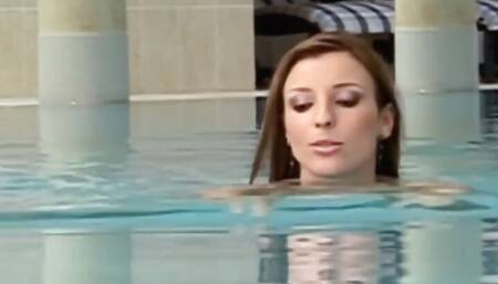 Outstanding brunette milf humping next to a pool