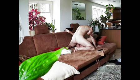 Couple husband gets his ass licked by wife, while she plays with toys and he fucks her afterwards on the sofa