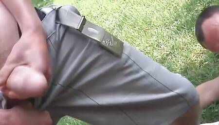 Sweet brunette teen spitroasted in outdoor threesome