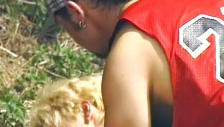 Big boobed German slut rides dick in nature