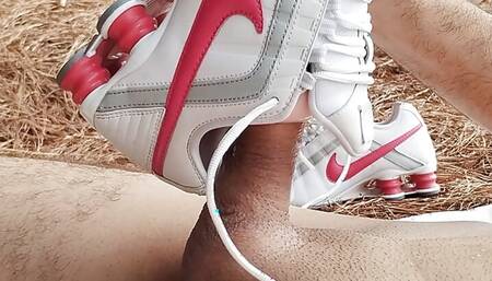 cumming a lot inside my wife's nike shox in the forest, using the fleshlight inside!