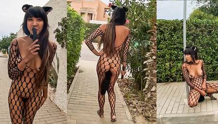 Horny Cat Costume with Butt Plug Tail Public Challenge - Asian Latin DaringKiara Exhibitionist Risky Public Nudity Challenge