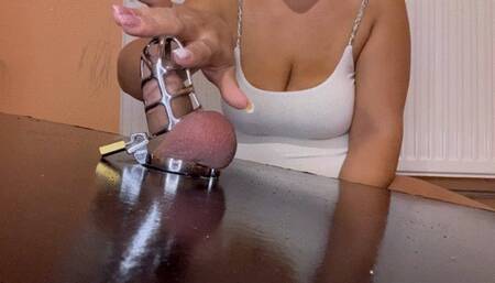 Penis Chastity And Penis Plug Handjob in milking table