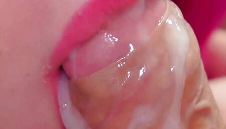 Sensual blowjob, pink lips, dripping cum