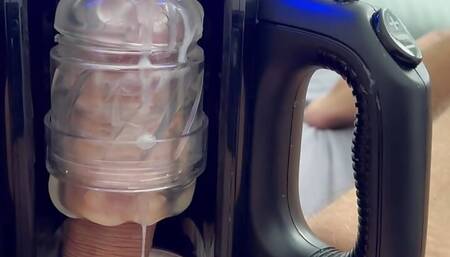 Pumping cum from my big uncut dick with my masturbation robot sex toy