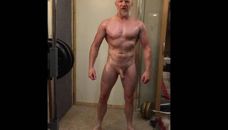 Verbal oiled naked bodybuilder Daddy works out, flexes muscles, oils his big pecs and cums