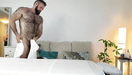 Hairy stud got excited during massage with a new masseur.