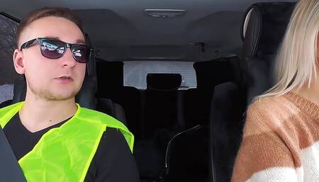 The blonde failed the driving test and sucked the instructor