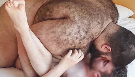 Hairy chubby guy fucks young hunk's ass and fills him with cum