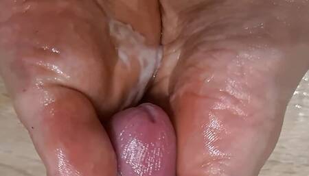First time wife shows pussy on camera and gives footjob cock massage with painted toenails to cumshot